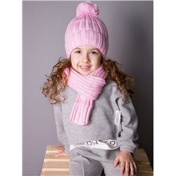 Шапка вязаная детская с бубоном, нашивка В МОМЕНТЕ! + шарф, светло-розовый