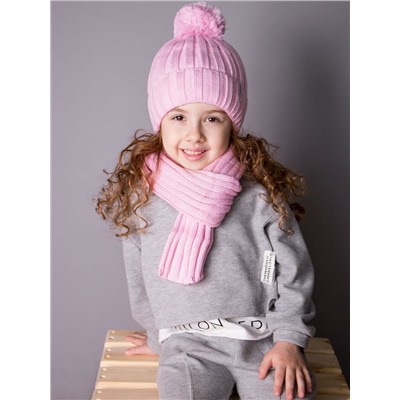 Шапка вязаная детская с бубоном, нашивка В МОМЕНТЕ! + шарф, светло-розовый