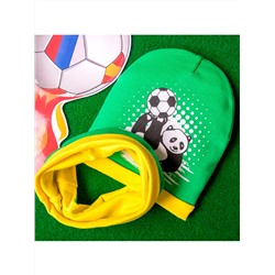Шапка формы лопата с футбольным принтом + снуд из двойного трикотажа, зеленый с желтым