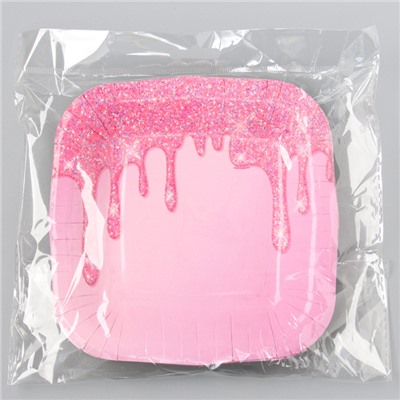 Тарелка бумажная квадратная "Праздничная",розовая, 16,5х16,5 см