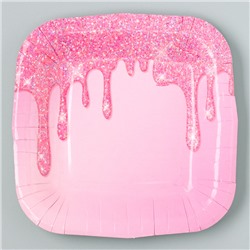 Тарелка бумажная квадратная "Праздничная",розовая, 16,5х16,5 см