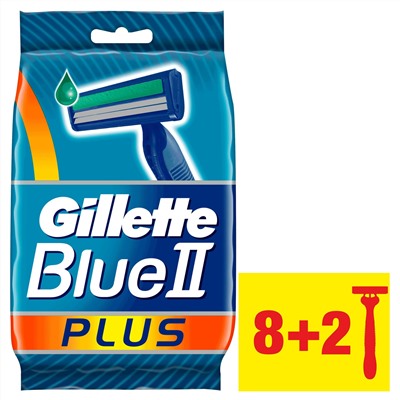 Станок для бритья одноразовый Джиллетт(ʤɪˈlet) Blue-II Plus (10 шт.) с увлажняющей полосой и ручкой из эластомера (Оригинал)