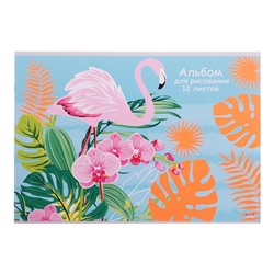 Альбом для рисования А4, 12 листов на скрепке «Фламинго и растения», обложка мелованный картон, тиснение лён, блок 100 г/м2