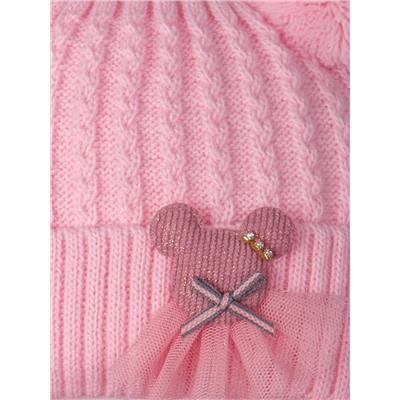 Шапка вязаная для девочки на завязках с двумя бубончиками, мишка в юбке, светло-розовый