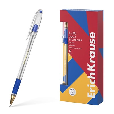 Ручка шариковая, ErichKrause L-30, Gold Stick&Grip Classic, игольчатый узел 0.7 мм, синяя, резиновый держатель, микс