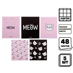 Комплект тетрадей из 5 штук, 48 листов в клетку Calligrata "Meow", обложка мелованный картон, блок офсет
