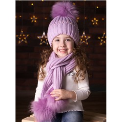 Шапка вязаная детская с помпоном, жемчуг россыпью + шарф с помпоном, лиловый