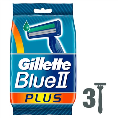 Станок для бритья одноразовый Джиллетт(ʤɪˈlet) Blue-II Plus (3 шт.) с увлажняющей полосой и ручкой из эластомера. (Оригинал)