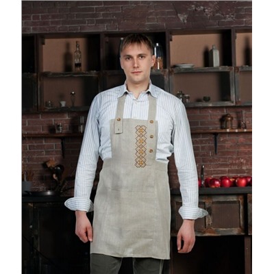 Фартук мужской с вышивкой модель ЛП 19-10 "Русский стиль"-бежевый лен 100%