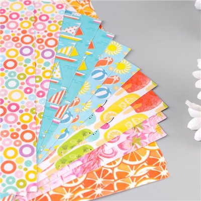 Цветная WASHI-бумага для декора "ЛЕТО",15х15см,самоклеящаяся набор 12 листов, 6 дизайнов