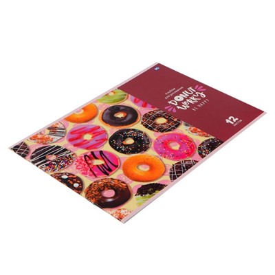 Альбом для рисования А4, 12 листов на скрепке Donut worry, обложка мелованный картон, выборочный лак, блок 100 г/м2, МИКС
