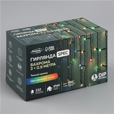 Гирлянда «Бахрома» 3 × 0.9 м, IP44, УМС, тёмная нить, 232 LED, свечение мульти, 220 В