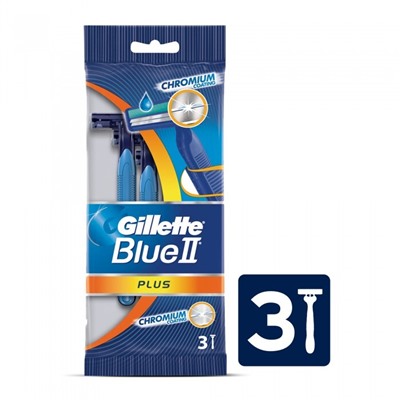 Станок для бритья одноразовый Джиллетт(ʤɪˈlet) Blue-II Plus (3 шт.) с увлажняющей полосой и ручкой из эластомера. (Оригинал)