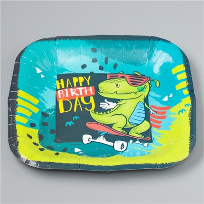 Тарелка бумажная квадратная "Happy Birthday",динозавр, 16,5х16,5 см