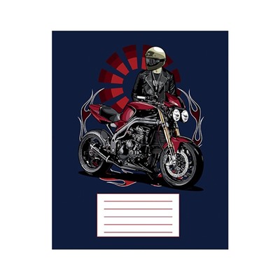 Тетрадь 12 листов в косую линию Calligrata "Мотоциклист", обложка мелованная бумага, ВД-лак, блок №2 (серые листы), МИКС