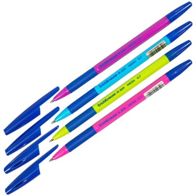 Ручка шариковая ErichKrause R-301 Neon Stick & Grip, узел 0.7 мм, чернила синие, резиновый упор, длина линии письма 2000 метров, микс