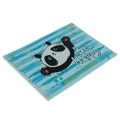 Альбом для рисования А4, 20 листов на гребне "Счастливая панда", обложка мелованный картон, выборочный лак, 2 листа-трафарета